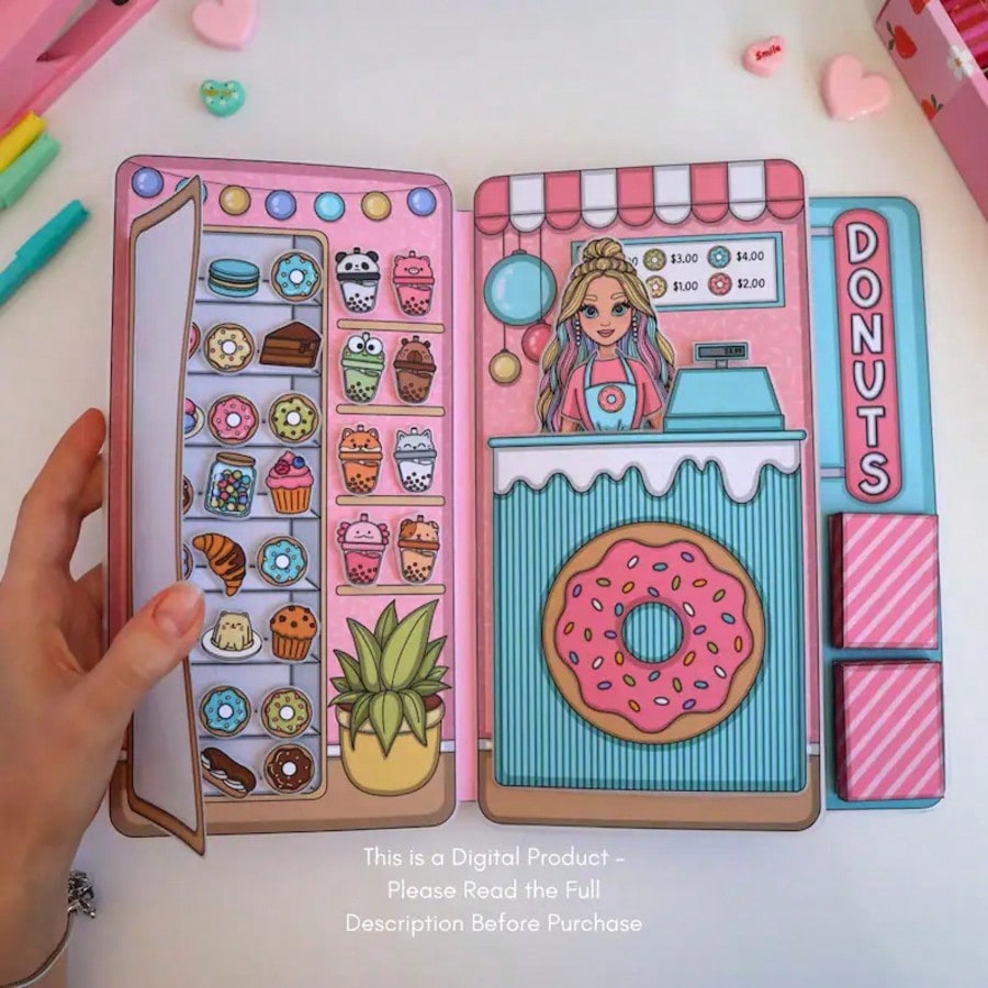 Art Craft House Making - Donut-Shop Rollenspiel-Set, DIY Papierpuppenhaus Stickerbuch, Kinder
